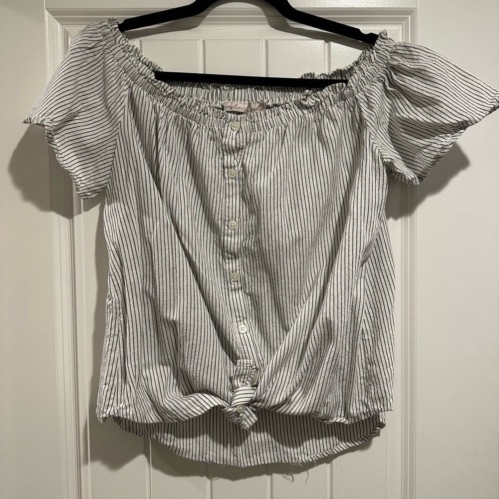 Striped Off-Shoulder Button-Up Top - Picture 2 of 11